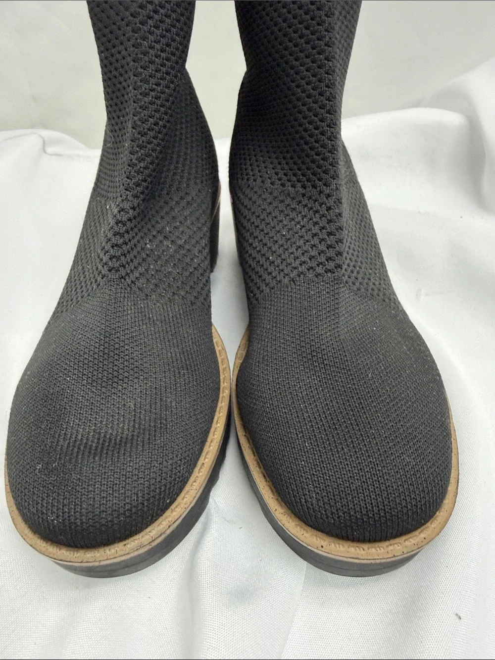 Bandolino Black Knit Wedge Chelsea Ankle Boots with Tan Trim